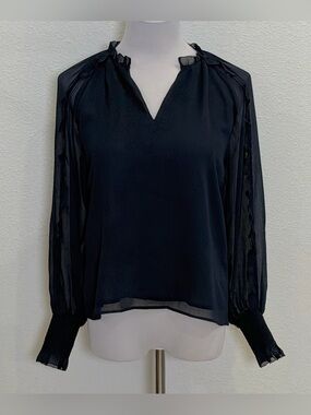 NEW Ann Taylor Ruffle Flowy Blouse Top XS Navy Blue Chiffon Sheer Long Sleeve